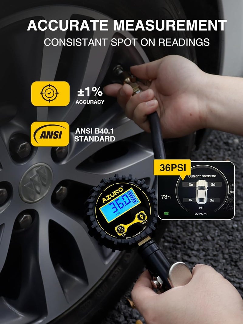 AZUNO Digital Tire Inflator with Pressure Gauge, 200 PSI, Heavy Duty Air Compressor Accessories, with Rubber Hose Lock on Air Chuck and Quick Connect Coupler, Comes with a Portable Carrying Box - Image 2